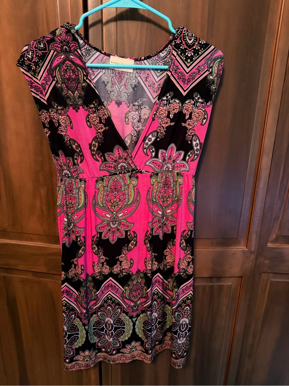 Bobbie Brooks Bright Pink and Black Paisley Midi Dress